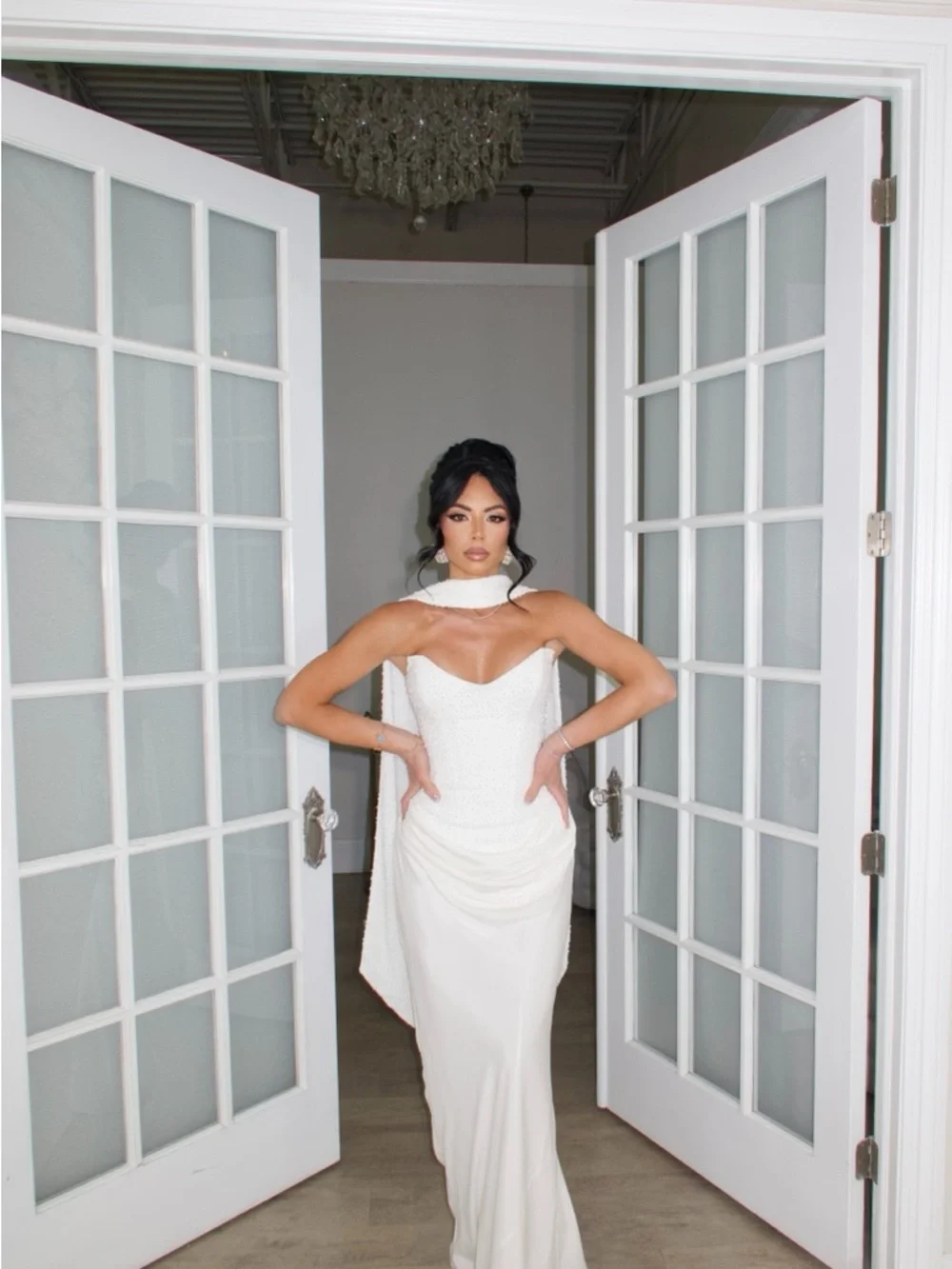 Strapless White Maxi Dress with Draped Front and Choker - Picture 1 of 4